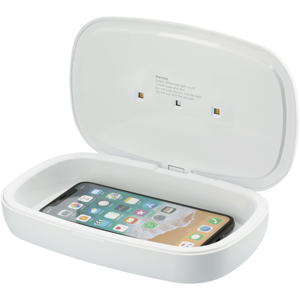 Logotrade promotional item image of: Capsule UV smartphone sanitizer with 5W wireless charging pad