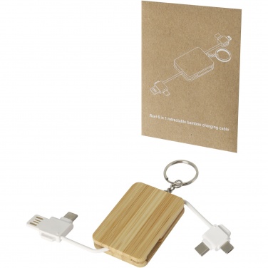 Logo trade promotional products image of: Reel 6-in-1 retractable bamboo key ring charging cable