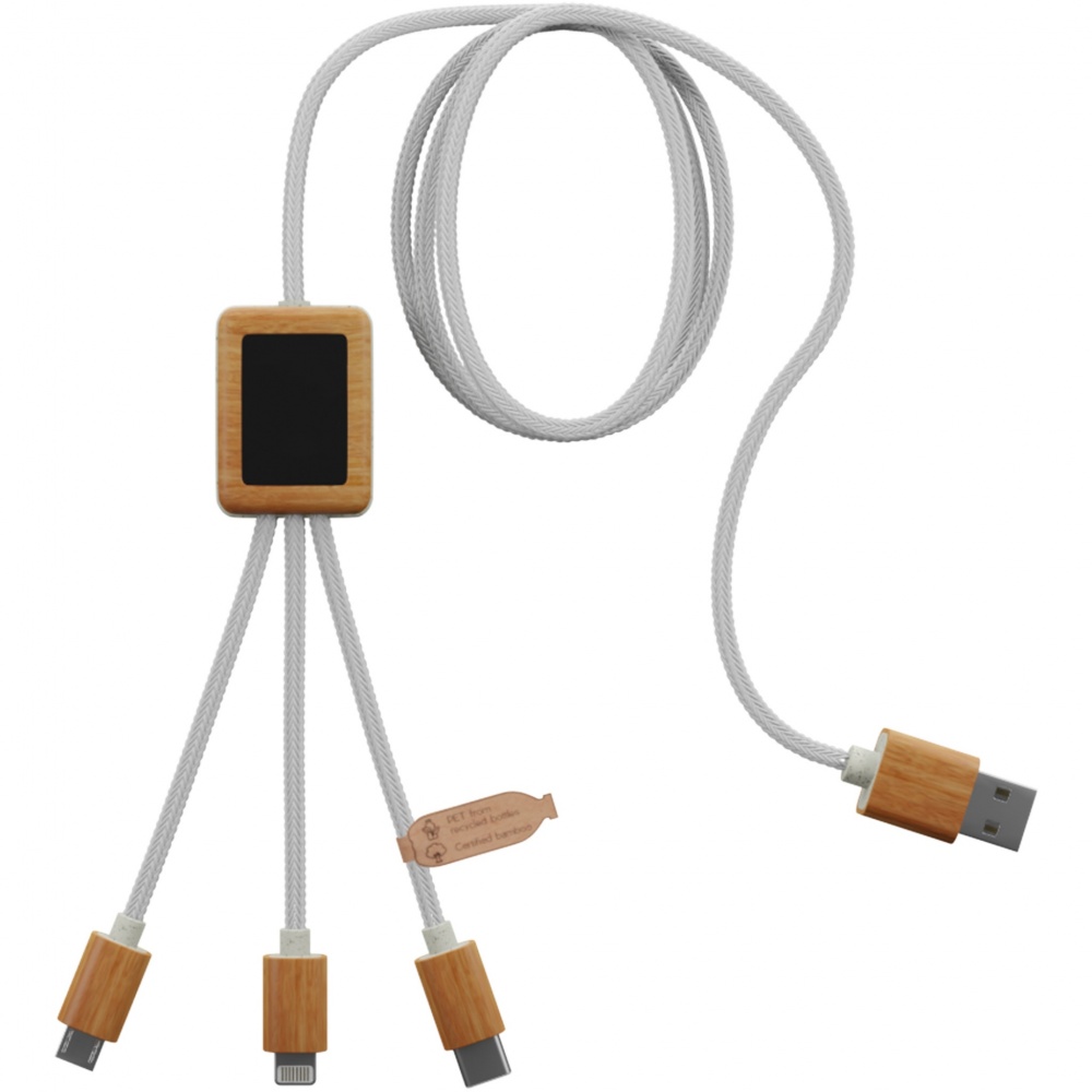Logotrade corporate gift image of: SCX.design C39 3-in-1 rPET light-up logo charging cable with squared bamboo casing