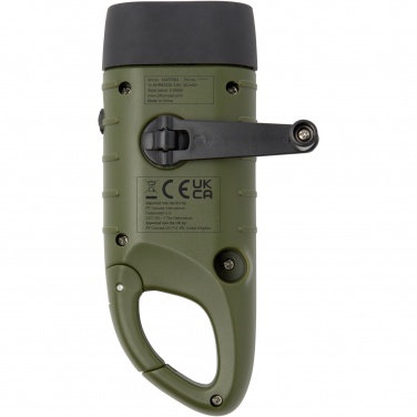 Logo trade promotional merchandise picture of: Helios recycled plastic solar dynamo flashlight with carabiner