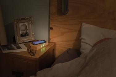 Logo trade corporate gifts image of: Bamboo alarm clock with 5W wireless charger