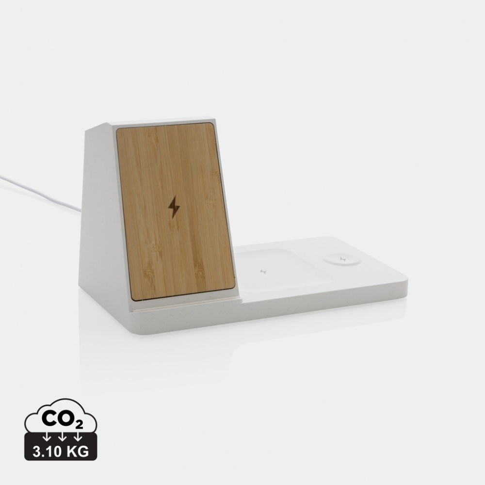Logo trade promotional items image of: Ontario recycled plastic & bamboo 3-in-1 wireless charger