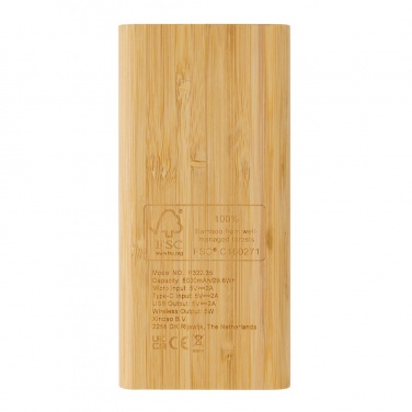 Logo trade business gifts image of: Bamboo 8.000 mAh 5W wireless powerbank