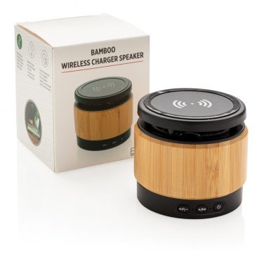 Logo trade promotional items image of: Bamboo wireless charger speaker