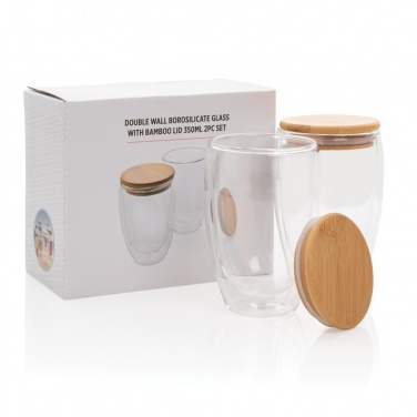Logo trade promotional products image of: Double wall borosilicate glass with bamboo lid 350ml 2pc set
