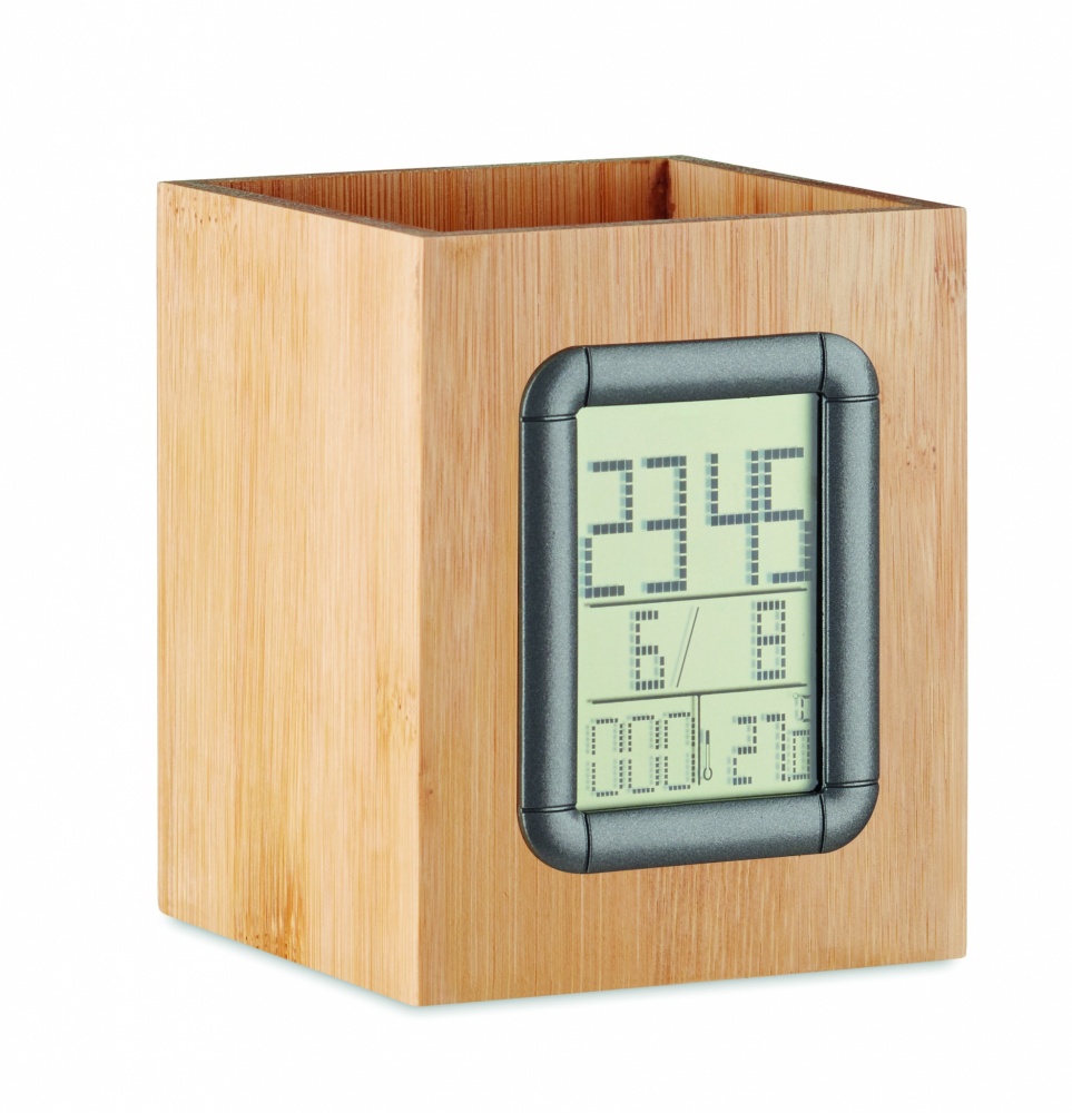 Logo trade promotional merchandise photo of: Bamboo pen holder and LCD clock