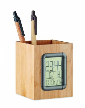 Logo trade promotional gifts image of: Bamboo pen holder and LCD clock