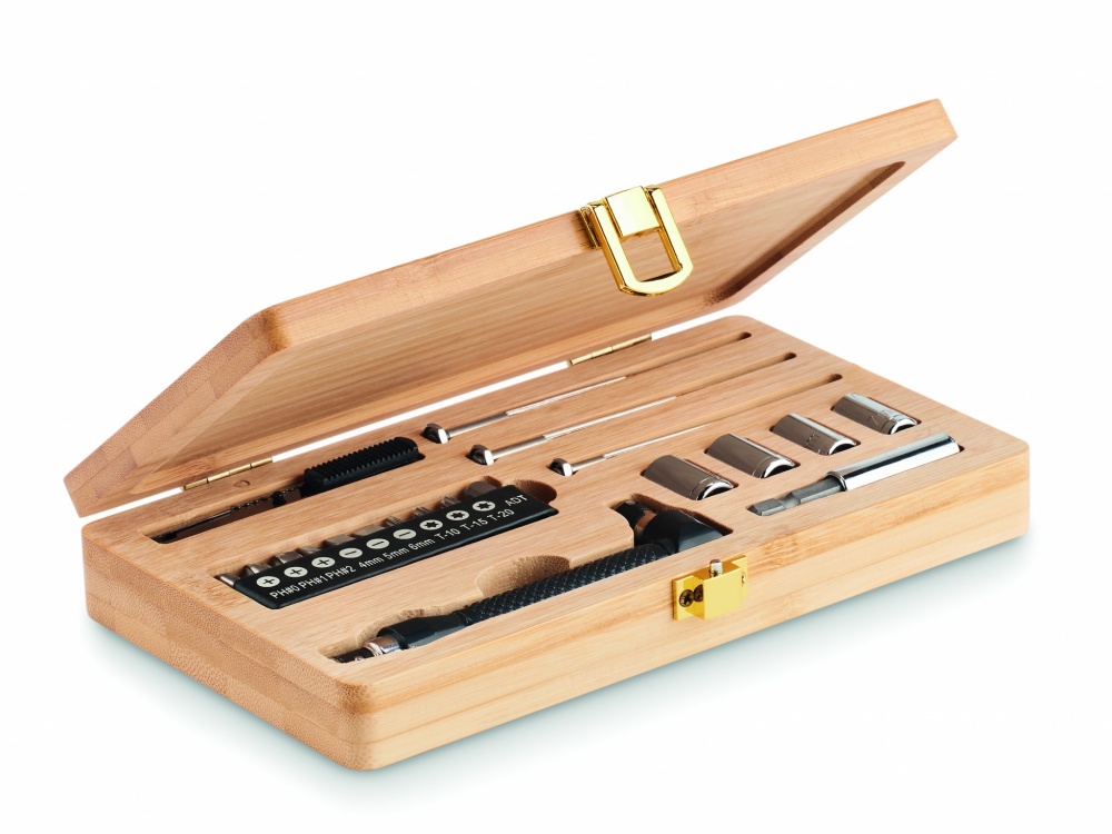 Logo trade business gift photo of: 21 pcs tool set in bamboo case