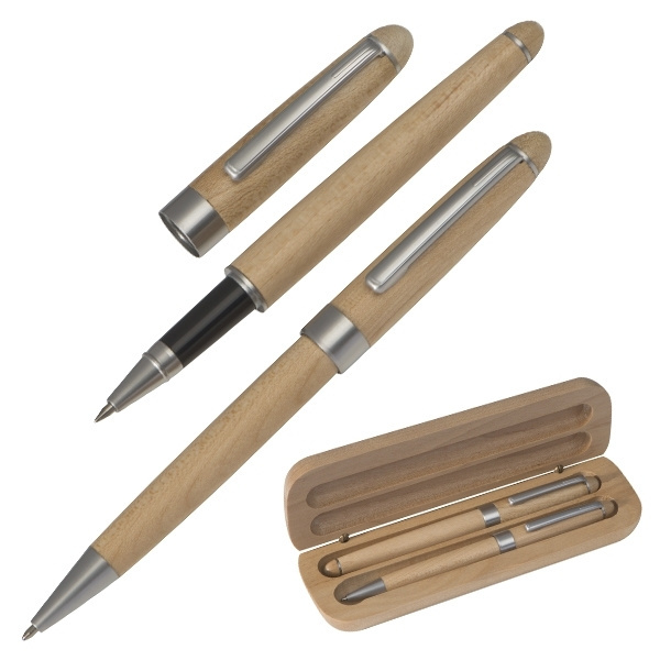 Logo trade promotional merchandise photo of: Wooden writing set ballpen and roller INDIANAPOLIS