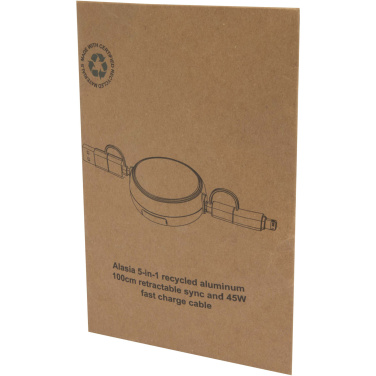 Logotrade promotional product image of: Alasia 5-in-1 100 cm recycled plastic and aluminium retractable data sync and 45W fast charge cable