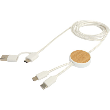 Logo trade promotional item photo of: Chechia 5-in-1 recycled plastic 150 cm data sync and 27W fast charge cable with bamboo details