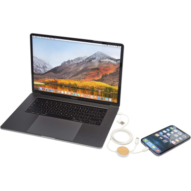 Logotrade promotional gift image of: Chechia 5-in-1 recycled plastic 150 cm data sync and 27W fast charge cable with bamboo details