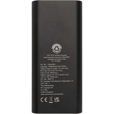 Logotrade liikelahjat mainoslahjat tuotekuva: Acamar 20 000 mAh:n ja 70 W:n kannettavan tietokoneen varavirtalähde kierrätetystä alumiinista